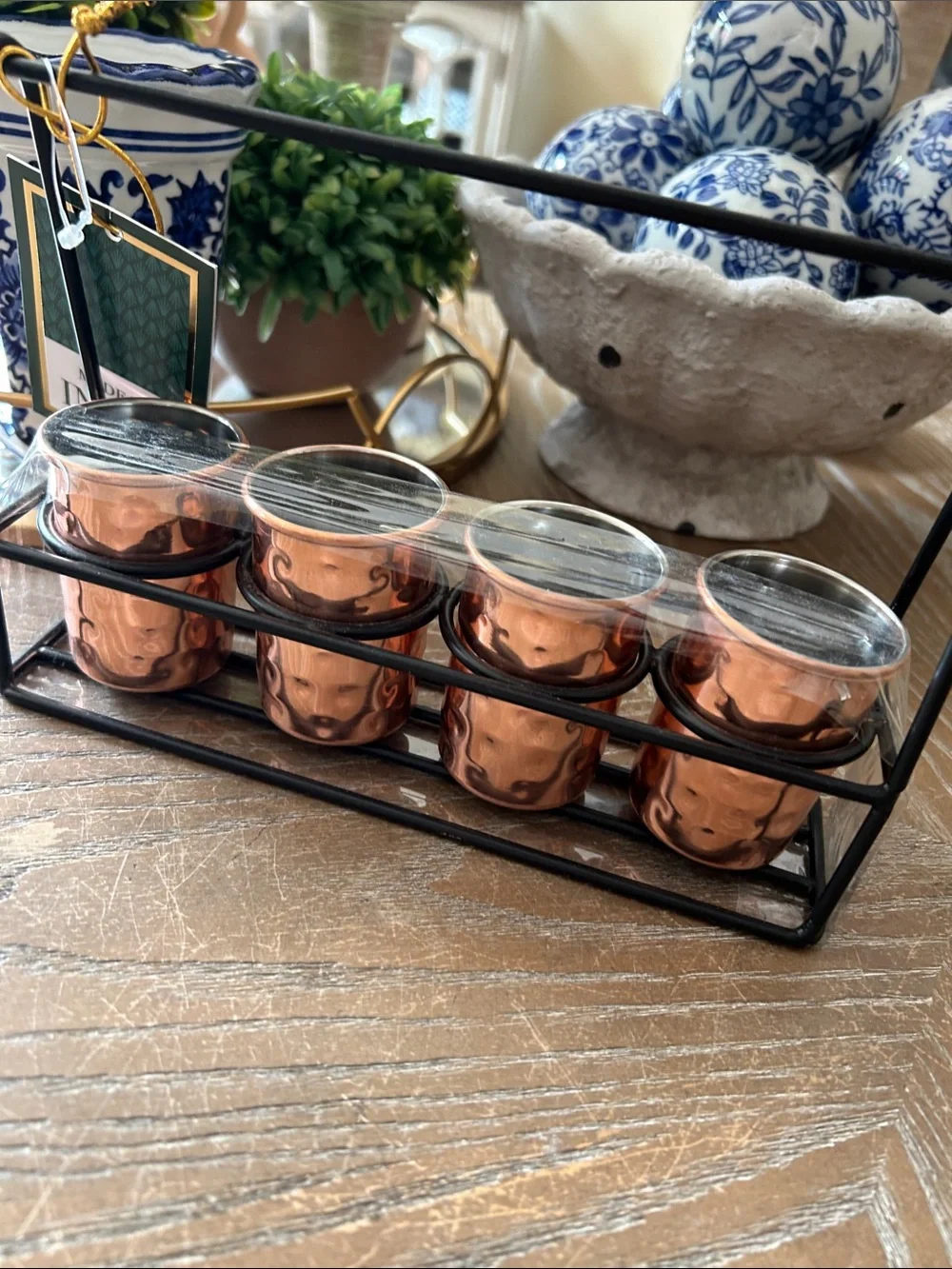 NWT! 5 Piece Bar Set Copper Shot Glass Set with Black Metal Rack